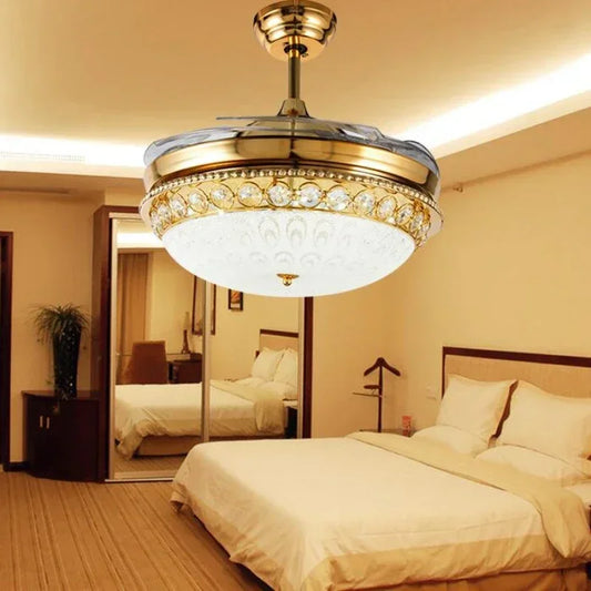 GoldenGlow Luxe: A Crystal Chandelier Fan with Invisible Blades for Elegant Living