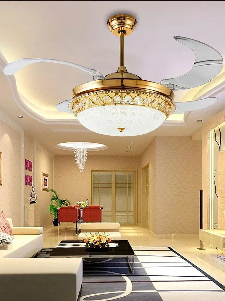 GoldenGlow Luxe: A Crystal Chandelier Fan with Invisible Blades for Elegant Living