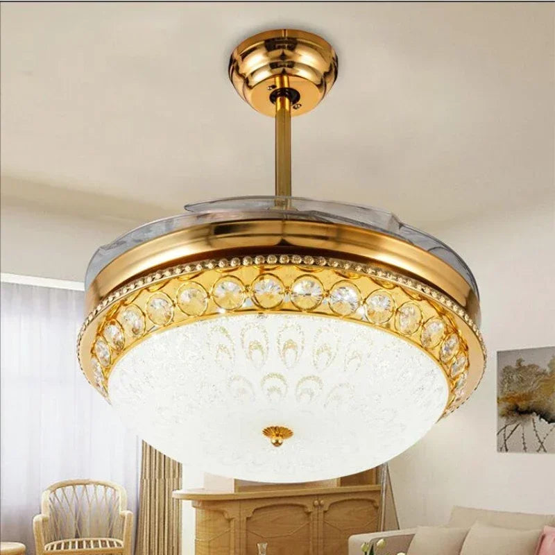 GoldenGlow Luxe: A Crystal Chandelier Fan with Invisible Blades for Elegant Living