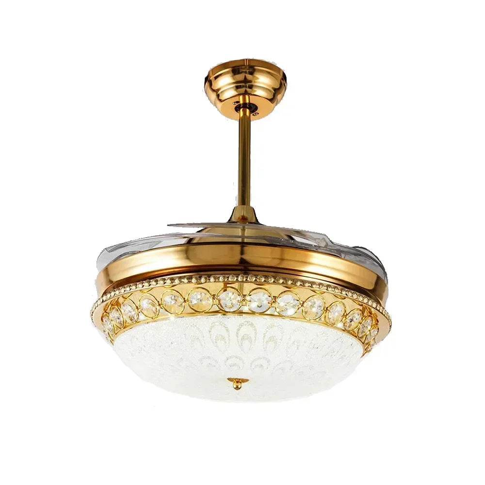 GoldenGlow Luxe: A Crystal Chandelier Fan with Invisible Blades for Elegant Living