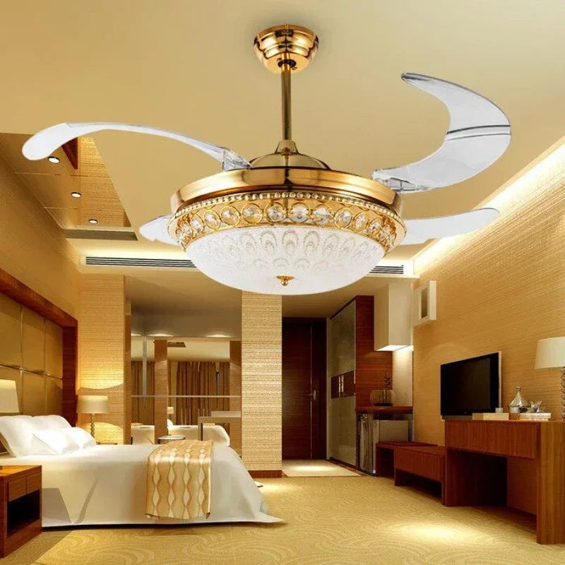 GoldenGlow Luxe: A Crystal Chandelier Fan with Invisible Blades for Elegant Living